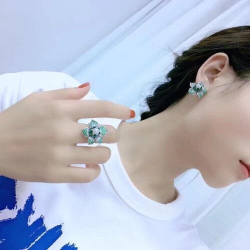 Green color 925 sterling silver with cubic zircon flower stud earring and ring cute romantic fine women jewelry free shipping