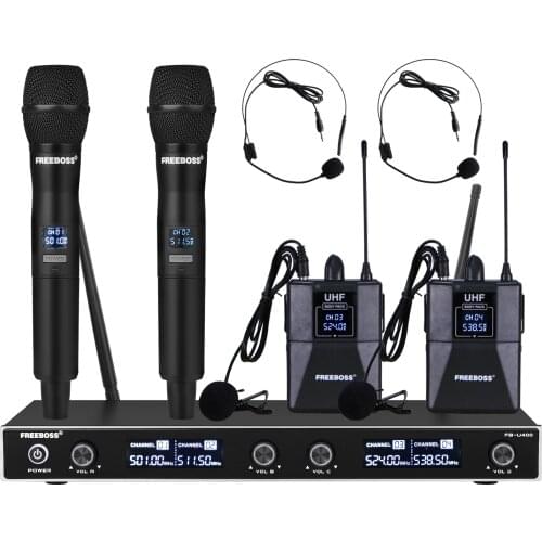 FREEBOSS FB-U400H2 4 Channel UHF Wireless Microphone System with 2 Bodypack and 2 Handheld Microphone of Church Family Party