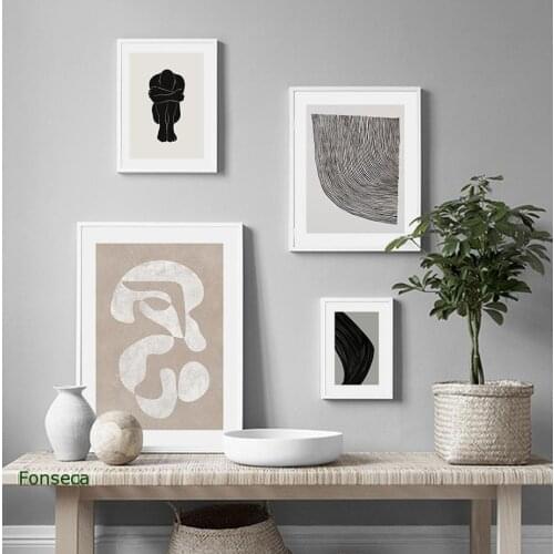 Scandinavian Beige Trendy Colors Canvas Painting Abstract Minimalist Line Poster And Print Wall Art Pictures For Living Room