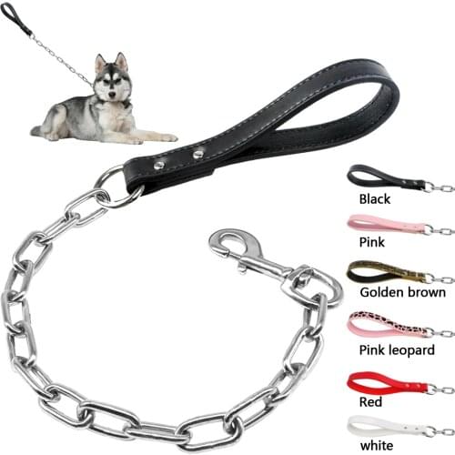 Training Pet Dog Leashes Silver Chrome Chain Pet Leads Short Dog Traffic Leash With Leather Handle for Medium Large Dog Pitbull