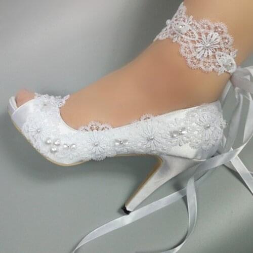 2021 Lace White Flower Open Toe Bride Wedding Shoes Women Party Dress Shoes Ladies High Heel Pumps Thin Heels Princess shoes