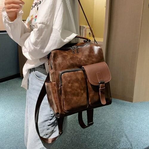 2021 Vintage PU Leather Women Backpack Large Capacity Brand Design School Backpacks Shoulder Travel Bags For Women Mochila Mujer