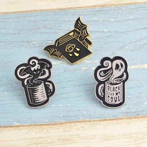 Magical Bizarre Devil ghost have wing BLACK LIKE MY SOUL cup book shape jewelry enamel pin for Halloween gift dress up