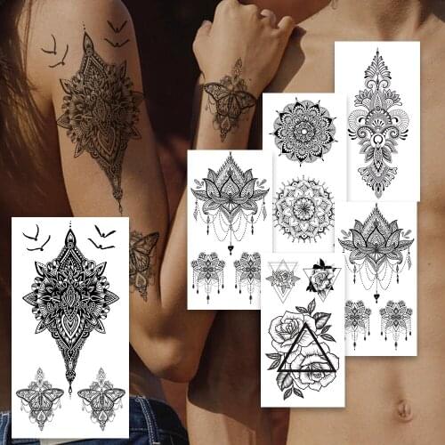 Owl Jewels Temporary Tattoos For Women Black Mandala Henna Flower Tattoo Fake Jewelry Lace Tatoos Body Arm Chest Triangle Flower