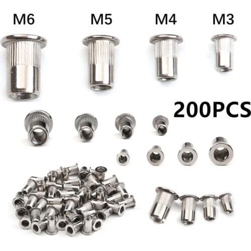 200PCS Multi Size Rivet Nuts Stainless Steel Flat Head Rivet Nuts Set M3 M4 M5 M6 Insert Reveting Assortement Kit