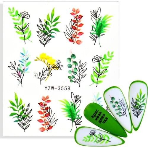 Green Simple Water Nail Decal Flower Leaf Tree Sticker Summer DIY Slider Decoration For Manicuring Nails Art Watermark Tattoo