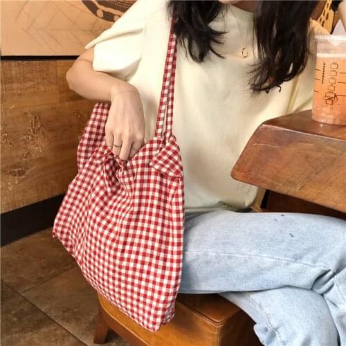 Women Cotton Shoulder Bag Lattice Shopping Bags Girls Fashion Lipstick Storage Tote Bag Life Casual Pacakge Hand Bag