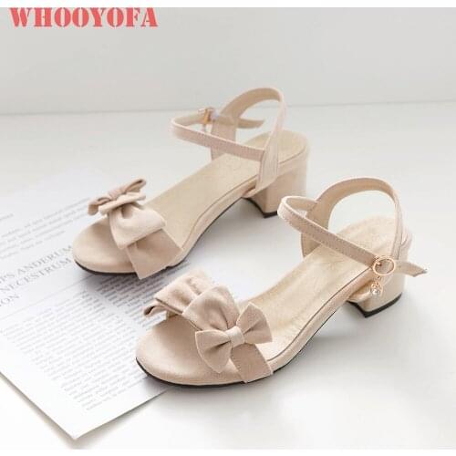 Brand New Sweet Black Beige Women Sandals Flock Med Chunky Heel Office Lady Nude Shoes Plus Big Small Size 31 11 43 47 52