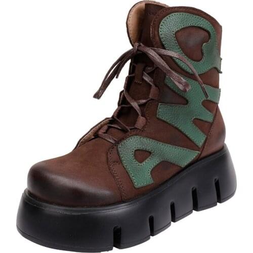 Retro Letters Martin Boots Women Autumn High Heel 2022 New Lace-Up Cow Leather Thick-Soled Comfortable Wedges Short Ankle Boots