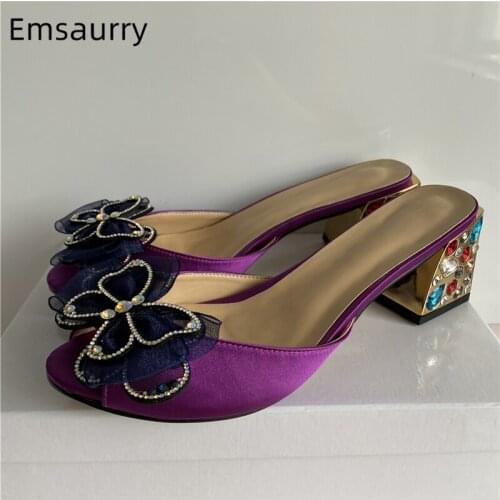Jeweled Rhinestone Flower Decor Sandals Women Summer Diamond Square Heel Open Toe Luxury Satin Slingbacks Mules Lady