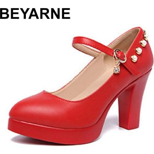 BEYARNE Fashion Pearl White Black Block Heels Pumps Plus Size Red Platform Shoes High Heels Women Dance Shoes For Bride Wedding