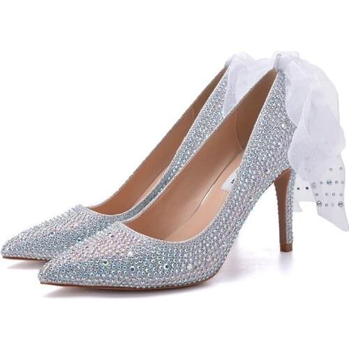 Thin High Heels Women Pumps Sequined Cloth Slip On 7CM 9CM Pointed Toe Shallow Rhinestones Bling Butterfly-knot Women Shoes
