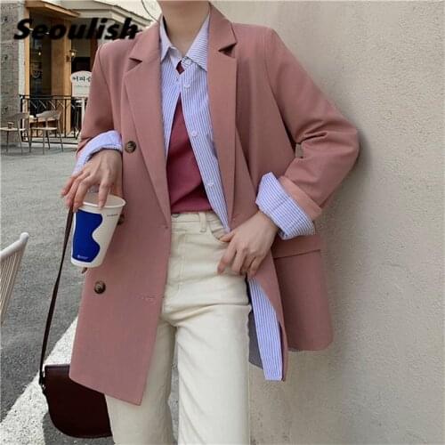 Seoulish New 2021 Autumn Pink Loose Womens Blazers Double Breasted Jackets Fashionable Oversize Elegant Office Chic Top Pockets