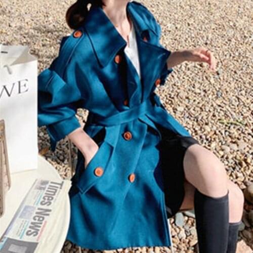 2020Autumn Winter Womens New Korean Fashion Windbreaker Jacket Loose Mid-length Double breasted Retro Elegant Woman Trench Coat