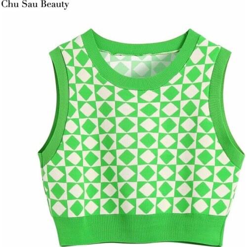 Chu Sau Beauty 2021 Womens Diamond Pattern Knitted Vest Top Fashion Round Neck High Waist Cropped Short Vest