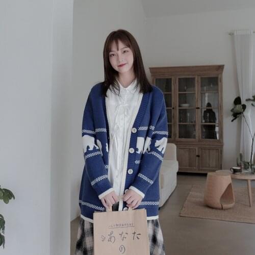 Cartoon Bear Embroidery Women Knitted Long Cardigan 2021 Winter Warm Coat Korean Female V-neck Pocket Harakuju Jumpers Soft Tops