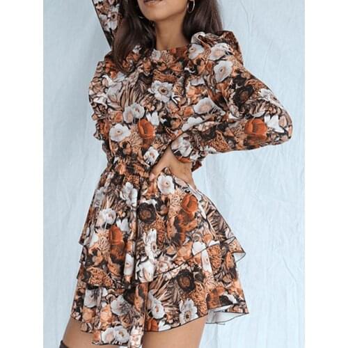 Spring Autumn Printed Short Dresses O-Neck A-Line Black Flower Print Vintage Dress Women‘s Long Sleeve Ruffle Mini Party Dress