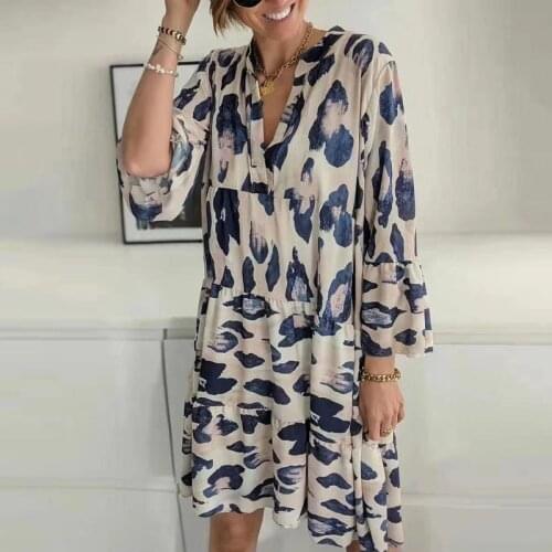 Women Leopard Print Beach Holiday Casual Dress 2021 Spring Flare Sleeve Loose A-Line Party Dress Vintage New V Neck Autumn Dress