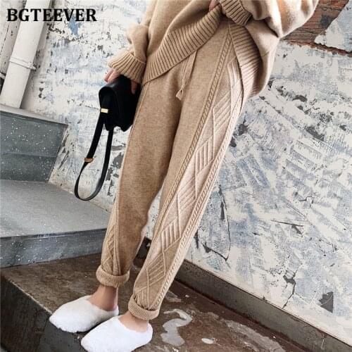 BGTEEVER Winter Thicken Women Harem Pants Casual Drawstring Twisted Knitted Pants Femme Chic Warm Female Sweater Trousers 2019