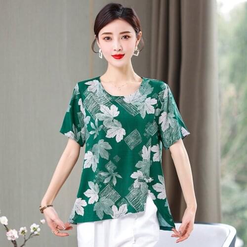 2021 Summer Loose plus size Solid Women Blouses and Tops Solid Bottom Shirts Elegant Fashion Short Sleeve Print Women Shirts