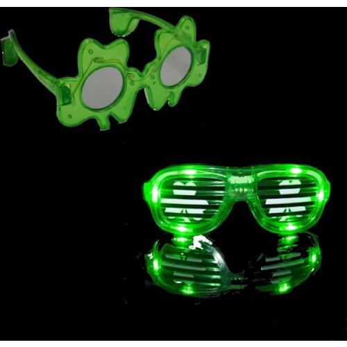 24pcs/lot Fashion Shutters Shape Luminous clover eyeglass flashing led green glasses glowing glasses for event & party supplies