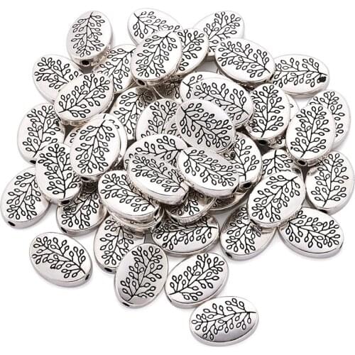 50pcs Tibetan Antique Silver Color Flat Oval Loose Beads Spacer for DIY Handmade Necklace Bracelet Jewelry Making Accessories