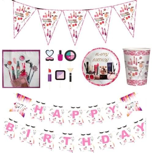 89pcs/lot Cosmetic Theme Napkins Banner Birthday Party Plates Cups Kids Favors Cake Toppers Baby Shower Hanging Banner