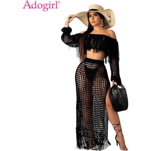 Adogirl Hollow Out Fishnet Tassel Knitted Two piece Set Summer Beach Dress Off Shoulder Lantern Sleeve Crop Top + Maxi Skirt