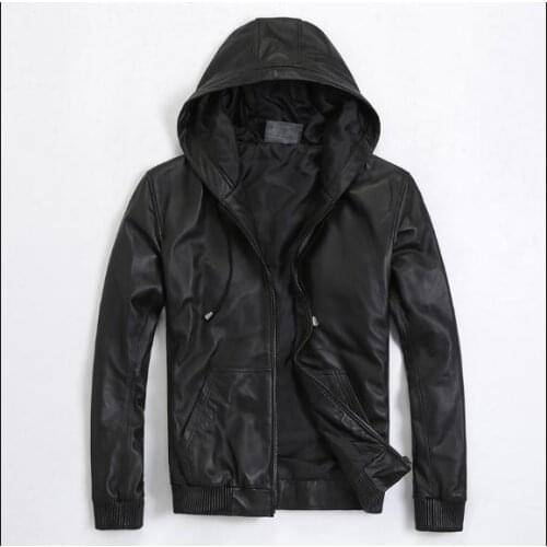 Free shipping.Plus size mens genuine jacket.fashion soft sheepskin coat,casual quality leather hoody.sales.S-5XL
