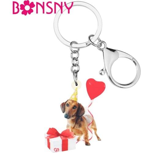Bonsny Acrylic Christmas Dachshund Dog Gift Box Heart Balloon Key chains Key Rings Bag Car Purse Keychains For Women Girls Gift