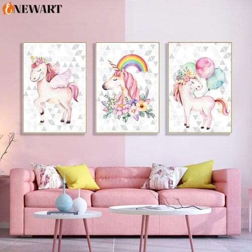 Colorful Cartoon Wall Art Poster Print Unicorn Canvas Painting for Kids Room Decorative Picture Rainbow Flora Nordic Child Room