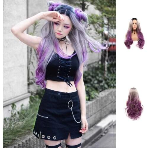 Long Wavy Ombre Grey to Purple Synthetic Lace Front Wig Dark Roots Middle Part Wig Heat Resistance Makeup Wig for Women 24 Inch
