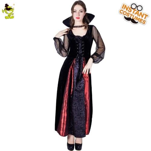 Womens Noble Vampire Costume with Collar Adults Halloween Party Deluxe Vampire Role Play Fancy Dress Costumes