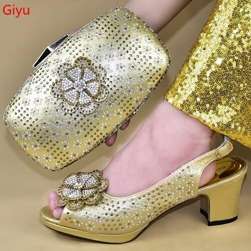 Doershow Italian Shoes and Bags To Match Shoes with Bag Set Decorated with Rhinestone Nigerian Women Wedding Shoes set!SSTY1-15