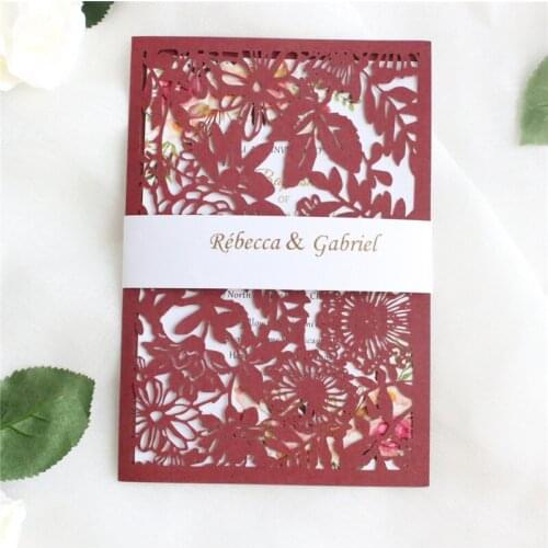 Elegant burgundy invitation card leaf flower laser cutting gift card with envelop belly band personalized printing 50pcs