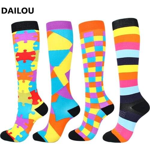 26 New Style Sports Compression Socks Women Puzzle Square Plaid Bright Color Outdoor Running Pressure Stockings Men Happy Socks