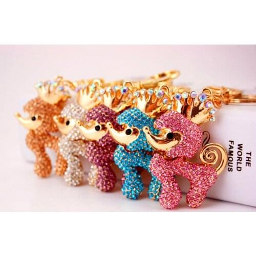 Cute Crystal Poodle Dog With Crown Rhinestone Metal Key Chain Holder HandBag Pendant Crystal Keyring For Car Women Best Gift