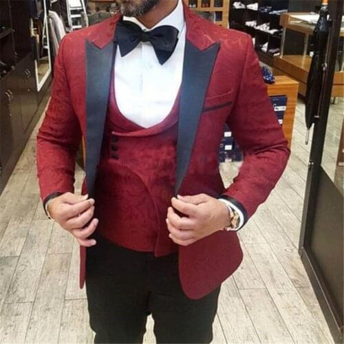 Men Suits Dark Red Pattern and Black Groom Tuxedos Peak Satin Lapel Groomsmen Wedding Best Man ( Jacket+Pants+Vest+Tie ) C943