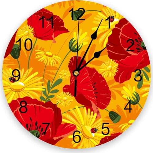 Red Flower Poppy Daisy Print Wall Clock Wall Art Silent Non ticking Round Wall Watch for Home Decortaion Best Gift