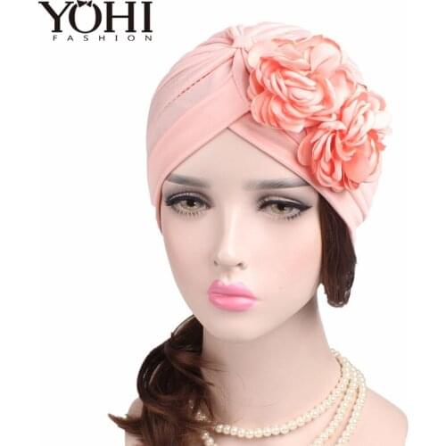 2018 New fashion vintage double flower beanie turban style hat women headbands Turban