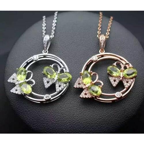 Natural green peridot pendant S925 silver Natural olivine Pendant Necklace trendy Double butterfly women party girl jewelry