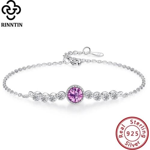 Rinntin Adjustable 925 Sterling Silver Bracelet For Women Luxury Blue Crystal Charm Bracelet CZ Trendy Wedding Love Bracelet B03