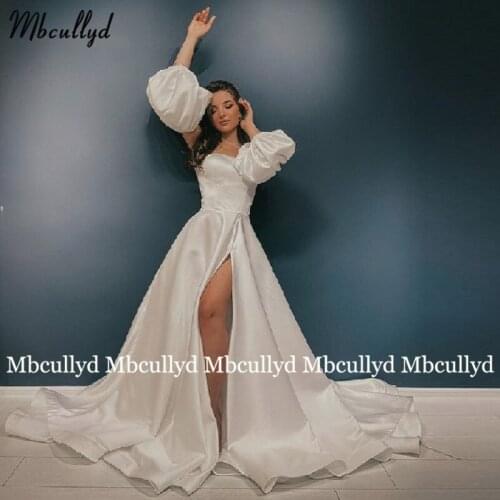 Sexy Pleated Satin Evening Dresses Short Puff Sleeves Strapless High Slit Prom Dress A-Line Formal Party Gowns