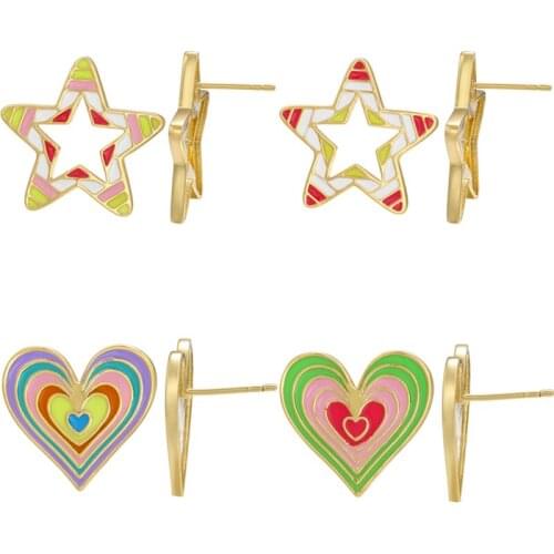 ZHUKOU enamel star heart stud earrings handmade DIY earrings summer dripping creative earrings fashion jewelry wholesale VE453