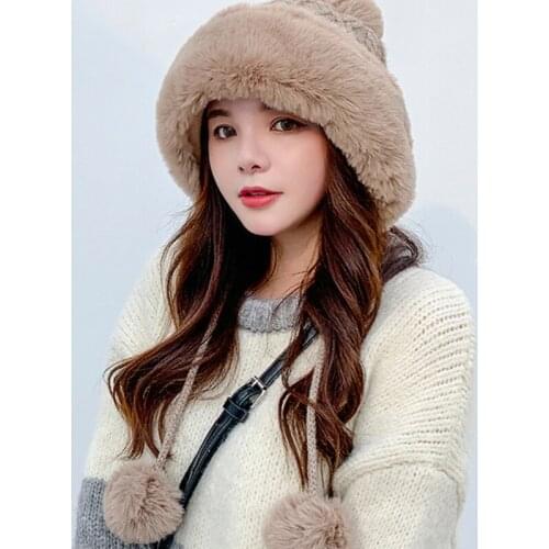 Women Thicken Plush Cable Knit Bomber Hat Winter Warm Solid Color Cute Pompom Outdoor Windproof Snow Ski Earflap Trapper Cap