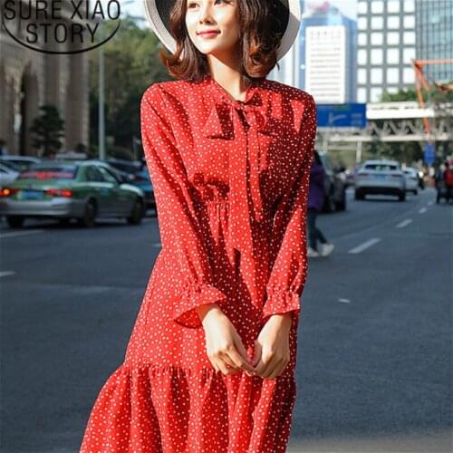 Chiffon Dress Petal Sleeve Maxi Dress Women 2019 Elegant Long Sleeve Dress Dot Bow A-Line Casual White and Black Dress 2472 50