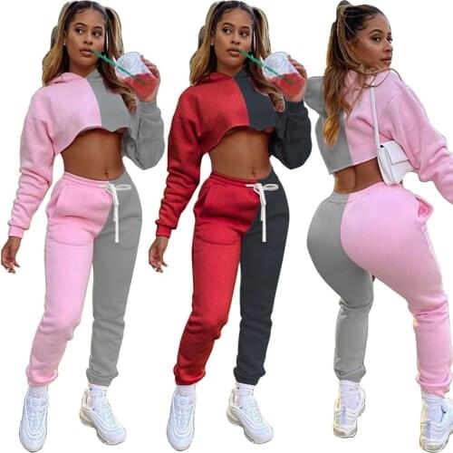 Women Color Patchwork Clothes Set 2021 Autumn Spring Casual 2 Piece Outfit Long Sleeve Cropped Hoodie+Jogger Pants Set Tracksuit