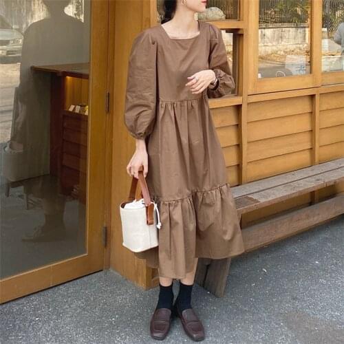 Alien Kitty 2021 Stylish Gentle Square Collar Chic Loose Solid Cake Women Vestidoes Hot Sweet Comfortable Retro New Long Dresses