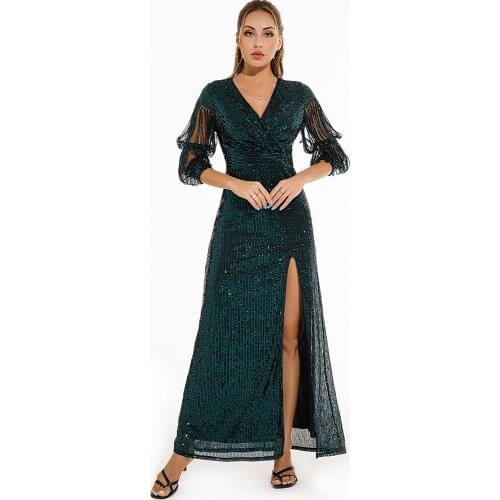 WomenS Dress Sexy Retro Green Long Sleeve Stitching SequinsSmall Birthday Party Slim Skirt