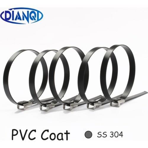 10Pcs SS304 8*400 Stainless Steel Zip PVC coating Strong Stainless Steel Grade Metal Cable Ties Zip Tie Wraps Free Shipping
